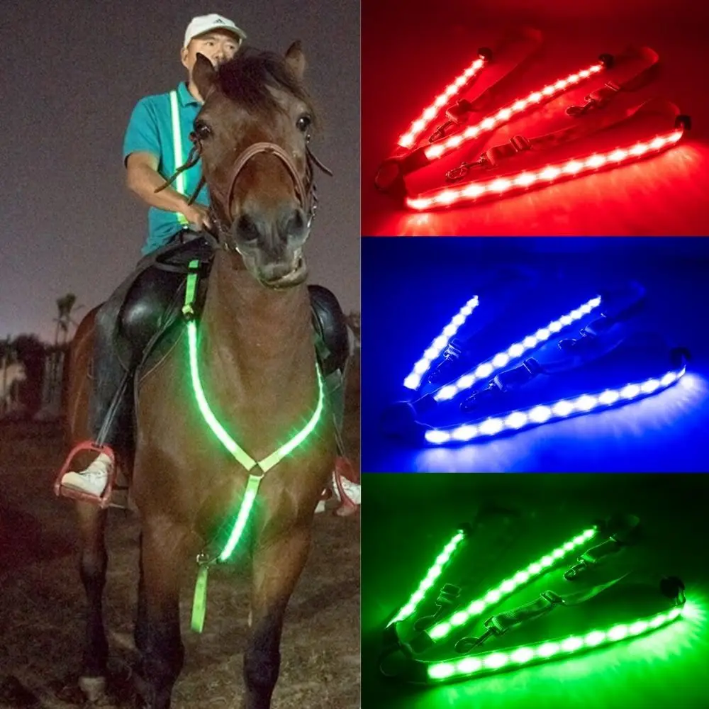 ไนลอน LED Horse สายคล้องคอปรับได้สูง Luminous Horse Chest Harness ป้องกัน Night กระพริบ Light Bar