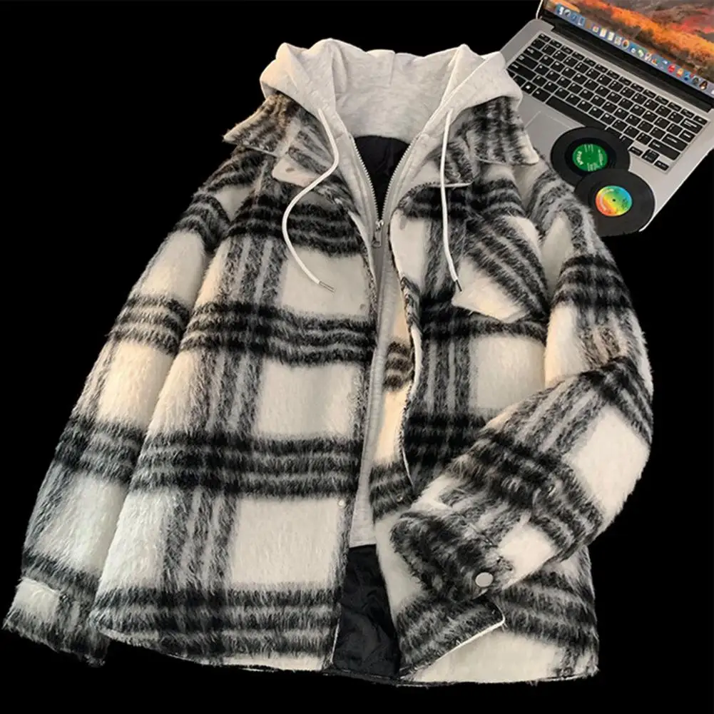 Men Casual Plaid Jacket Hooded Fake Two-Piece Zipper Button Closure Coat Urban Style Men Jacket Street Style Loose Fit Outerwear