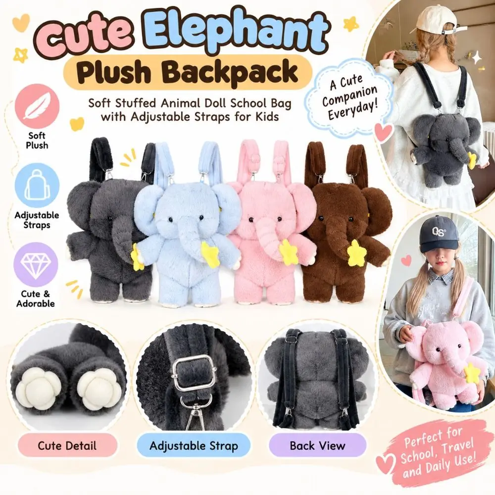Gifts Adjustable Elephant Backpack Cute Style Soft Animal Schoolbag Animal Shape Cute Bookbag Daily Use