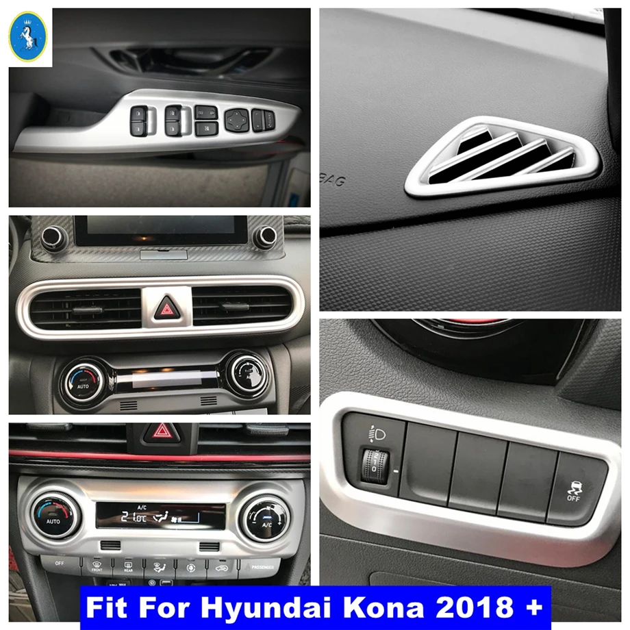 

For Hyundai Kona 2018 - 2023 Car Headlight Switch / Dashboard Center Air AC Panel / Lift Button Lights Control Panel Cover Trim