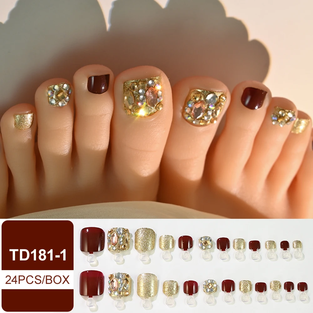 Imprensa de diamante espumante em unhas falsas, design de strass quadrado curto, capa completa destacável falso Stick-On ToeNail, 24pcs