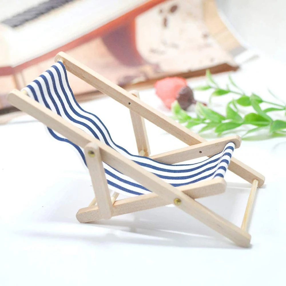 A71Z 3Pcs 1:12 Miniature Foldable Wooden Beach Chair Mini Deck Chair Longue Deck Chair With Stripe Dollhouse Accessories