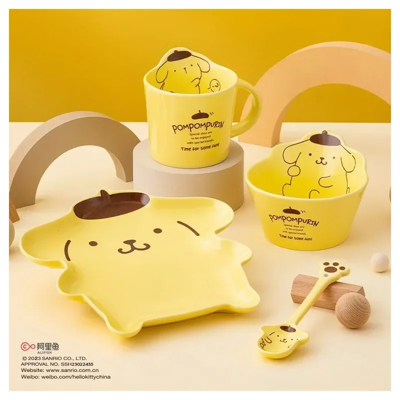 

Anime Cartoon Household Ceramic Tableware Set Cartoon Pompom Purins Kawaii Children's Student Cup Spoon Bowl Plate 4pieces Gift