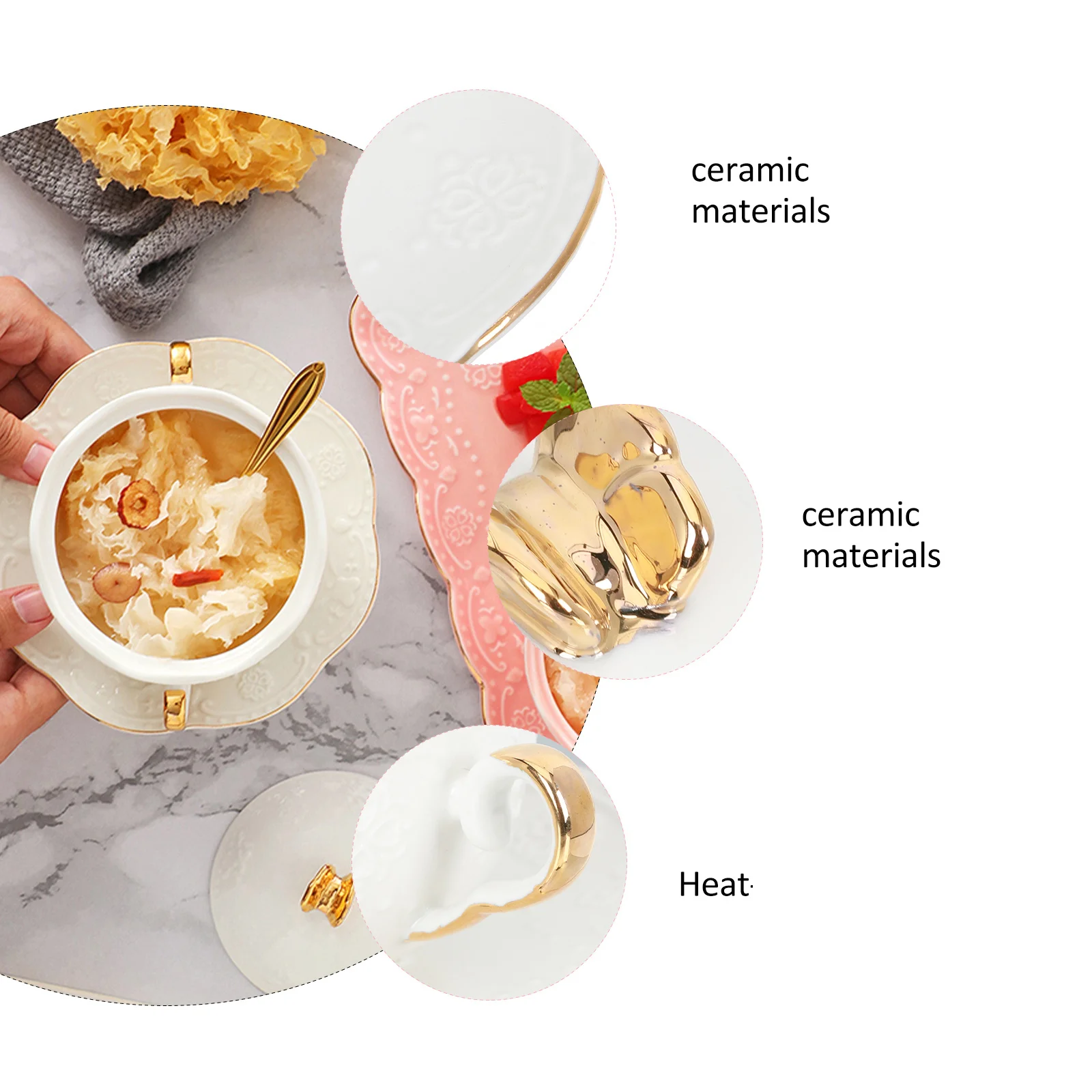 

1Set Double Ear Dessert Bowl Embossed Ceramic European Style Heat Resistant Fruit Salad Yogurt Soup Storage Container