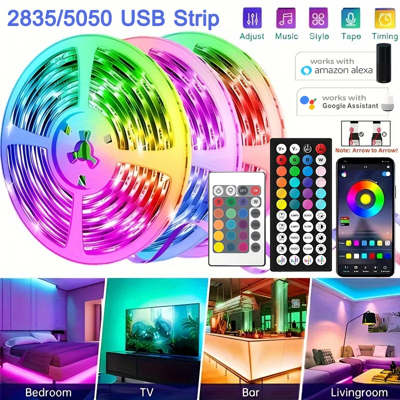 fita led com wi fi e controle bluetooth luzes rgb luces de fita flexivel decoracao do quarto retroiluminacao de tv usb 1m30m 5v 3528 5050 01