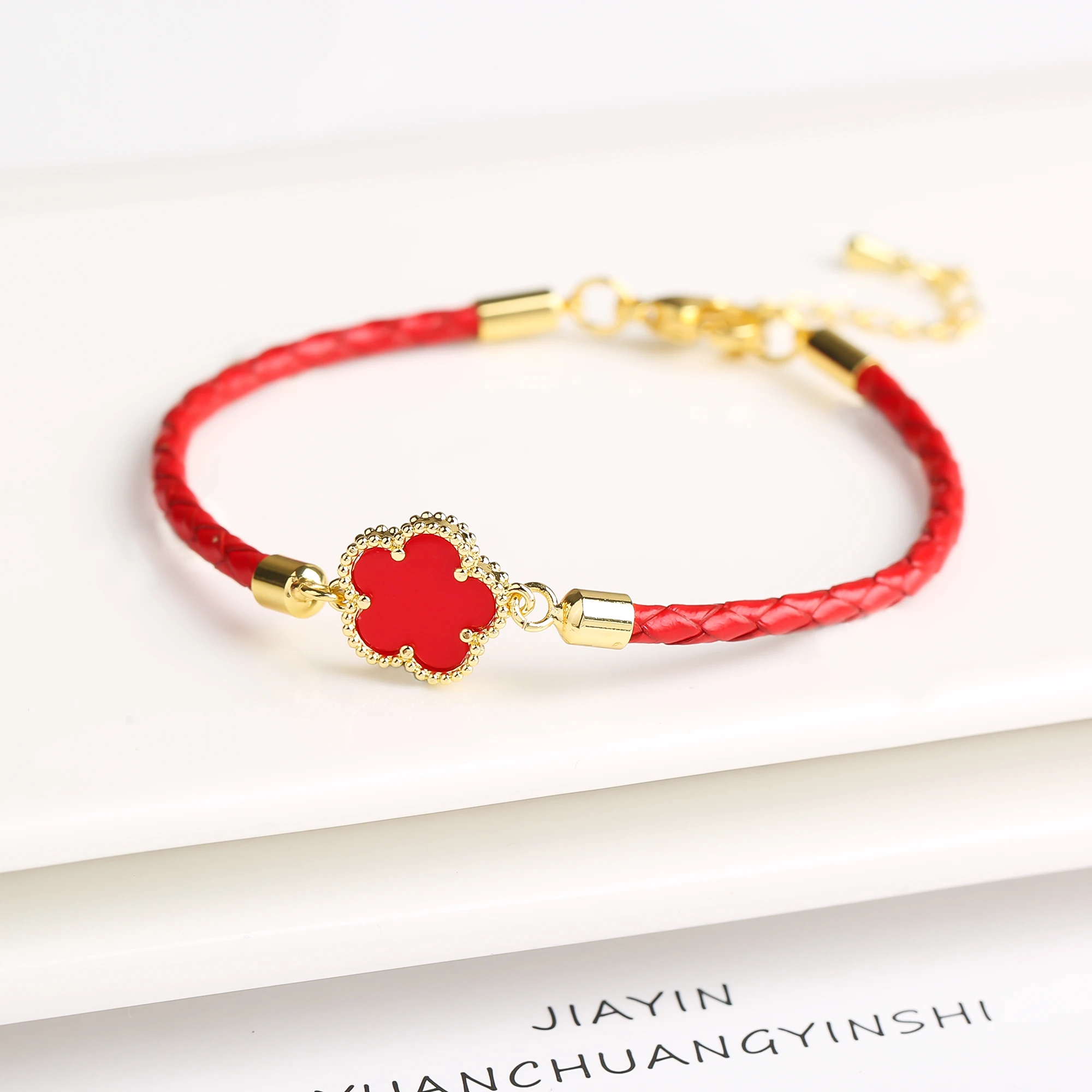 Classic Genuine Leather Woven Natural Stone Flower Charm Bracelet