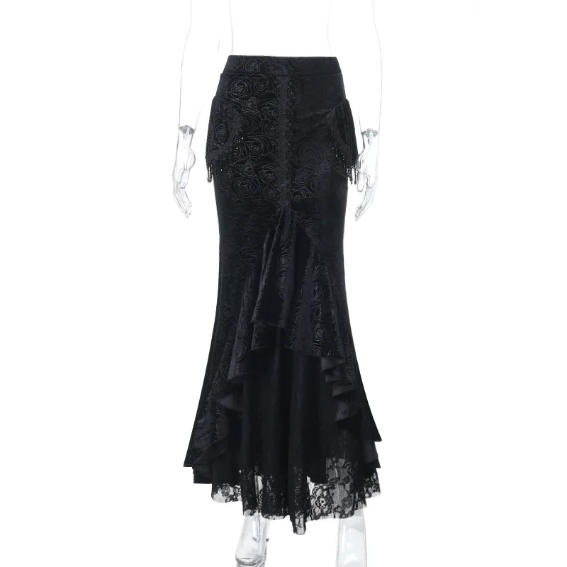 秋のフレンチダークゴシックヴィンテージロングスカート女性の Y2K ボール非対称骨太スカート美的エレガントな高品質の服