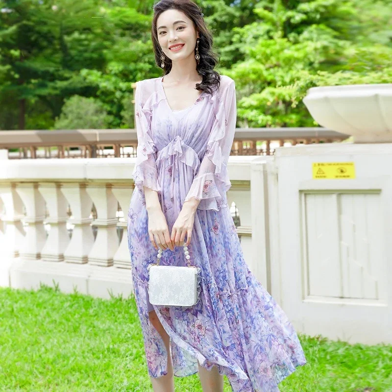 Printing Summer Dress Women Clothing 100% Real Mulberry Silk Dress High-end Loose Korean Maxi Dresses For Women Vestido Zm3168