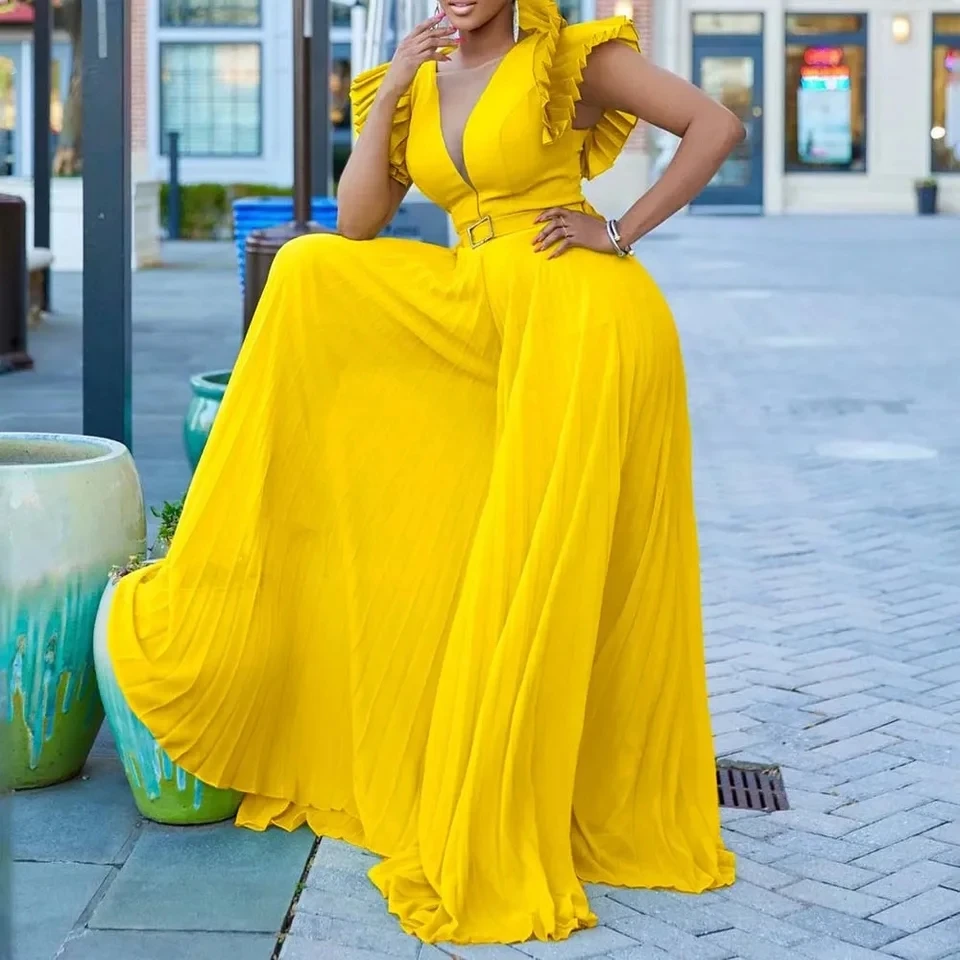 

Elegant Pleated Jumpsuits Women V Neck Ruffles Belt Waisted High Waisted Floor Length Luxury Birthday Party Outfit
