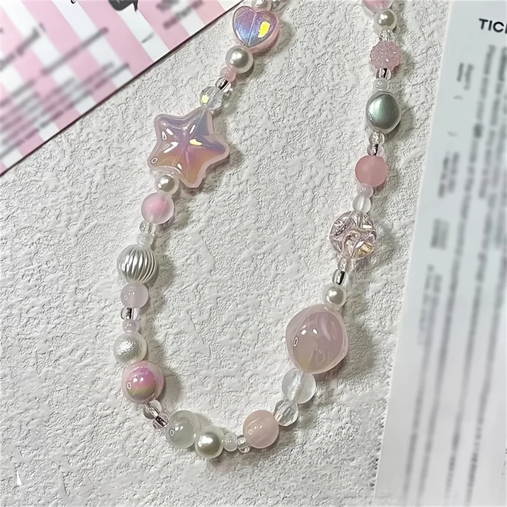 Korean Sweet Cute Pink Star Heart Beaded Phone Chain Charm Lanyard For iPhone Samsung Universal Anti-Loss Hanging Rope Jewelry