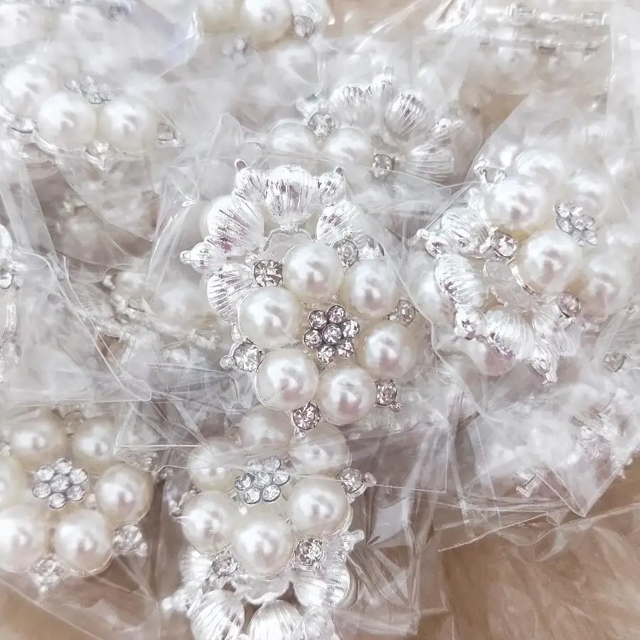 50Pcs/Lot Silver/Rose Gold Alloy Base Pearl Rhinestone Embellishment Bow Center Decorative Button Diy Hair Accessories