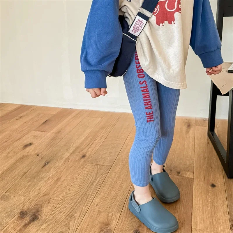 2025 Spring New Children Trousers Baby Girl Letter Print Ribbed Leggings Cotton Toddler Versatile Casual Pants Kids Clothes