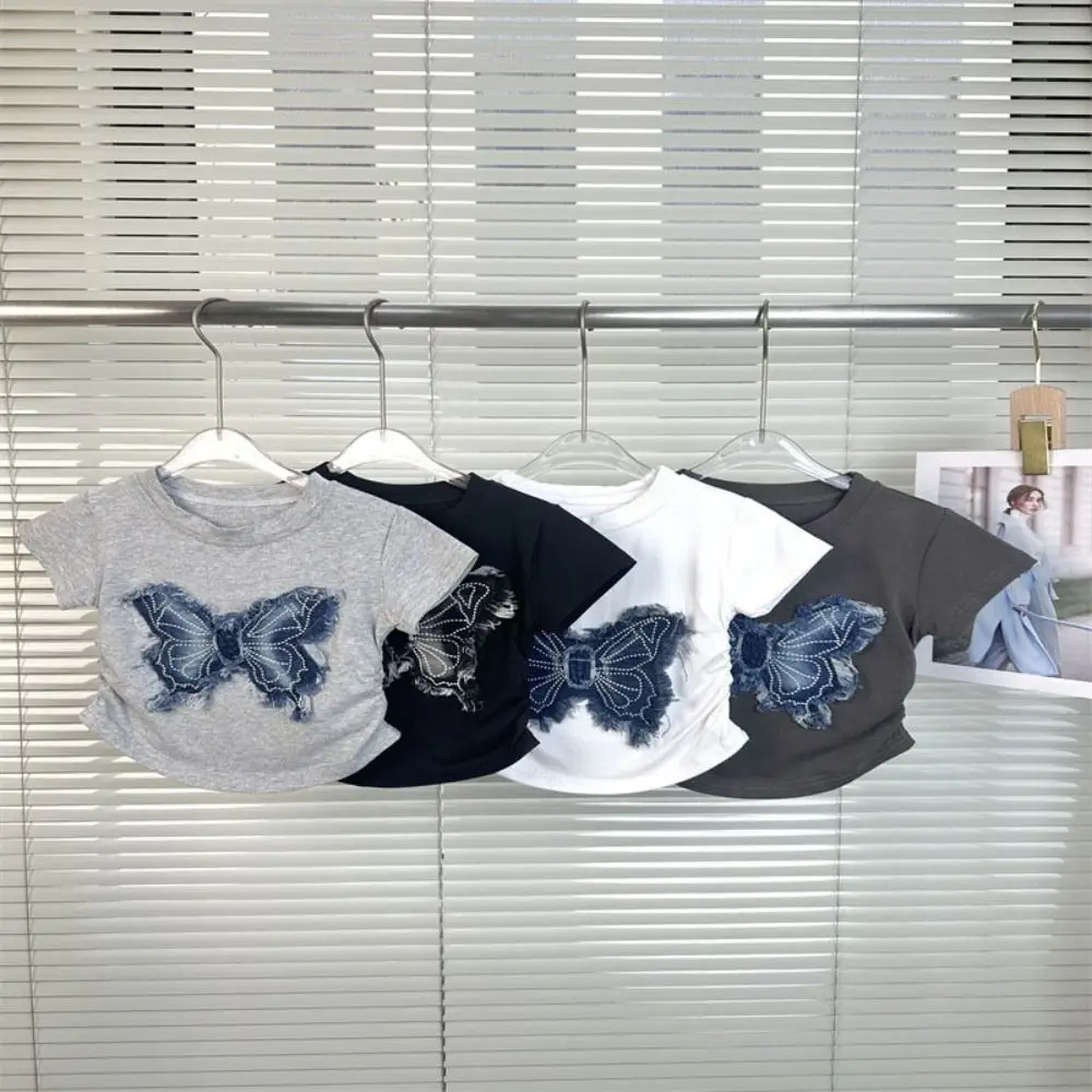

Korean Style O-neck Bowknot Patch T Shirts Short Sleeves Thin Butterfly Patchwork Tops Slim Fit Y2k Crop Top Women Spring Autumn