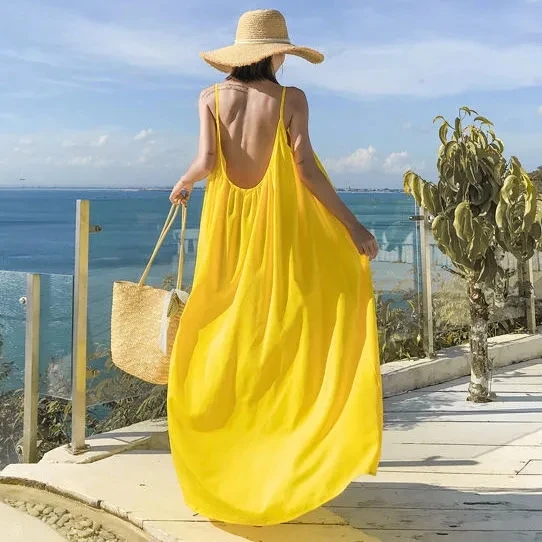 2024 New, Summer Beach Vacation Halter Strap Dress ,Women Clothing Yellow Open Back Dresses, Summer Holidays Boho Backless Dress