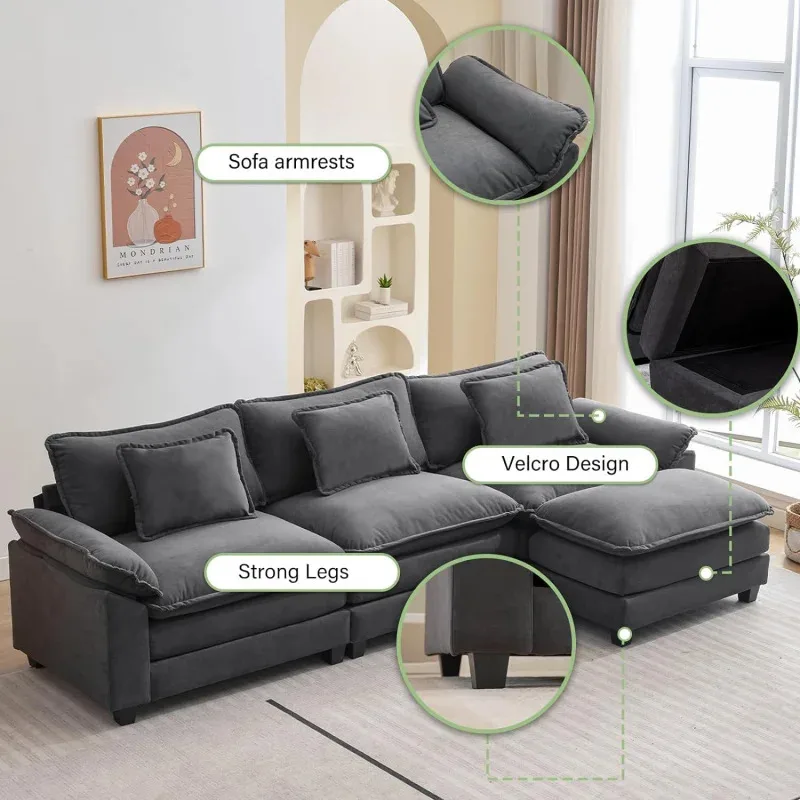 QWL Shape Sofa Comfy Sectional Cloud Couch for Living Room with Pillows,Modern Velvet Sofa Sleeper Deep Couches with Ottoman image 6