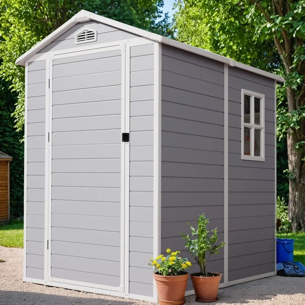 

4x6 FT Resin Outdoor Storage Shed with Floor, Plastic Shed with Lockable Doors, Window & Vents, Garden Tool Shed