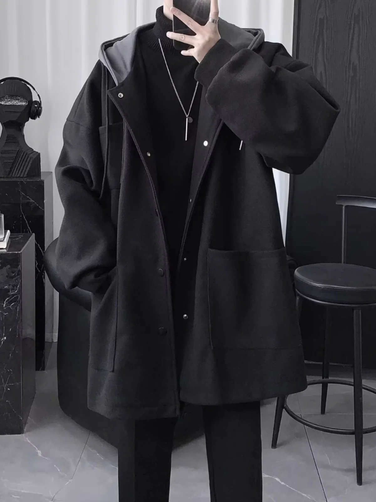 

Мужское шерстяное пальто свободного кроя в стиле High Street, зимняя модная верхняя одежда, корейская версия, худи в стиле хип-хоп, куртка-свитер