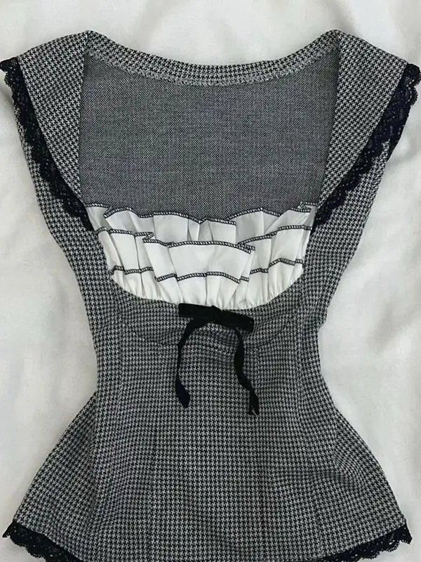 

ay Plaid Lace Crop Top Women's Slim Fit Vintage College Sle Vest Unique Design Sensation Small ence Design Trendy