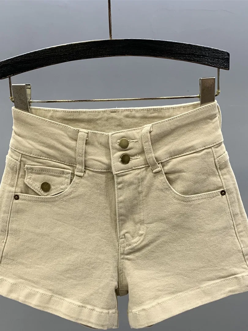 

Khaki High Waist Denim Shorts Women's Summer New Design Pocket Cuffed Slim a Line Wide Leg Hot Pants High Waist Straight Cut