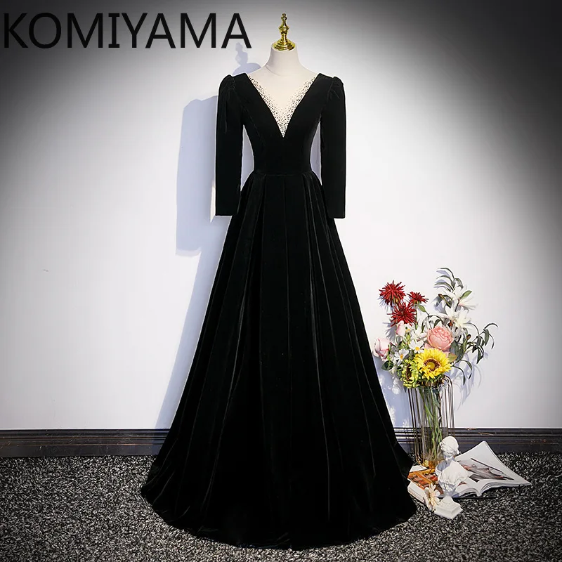 Personalizado preto coreano manga comprida veludo vestido de noite cintura fina lantejoulas cintura fina formal vestidos de baile temperamento formal