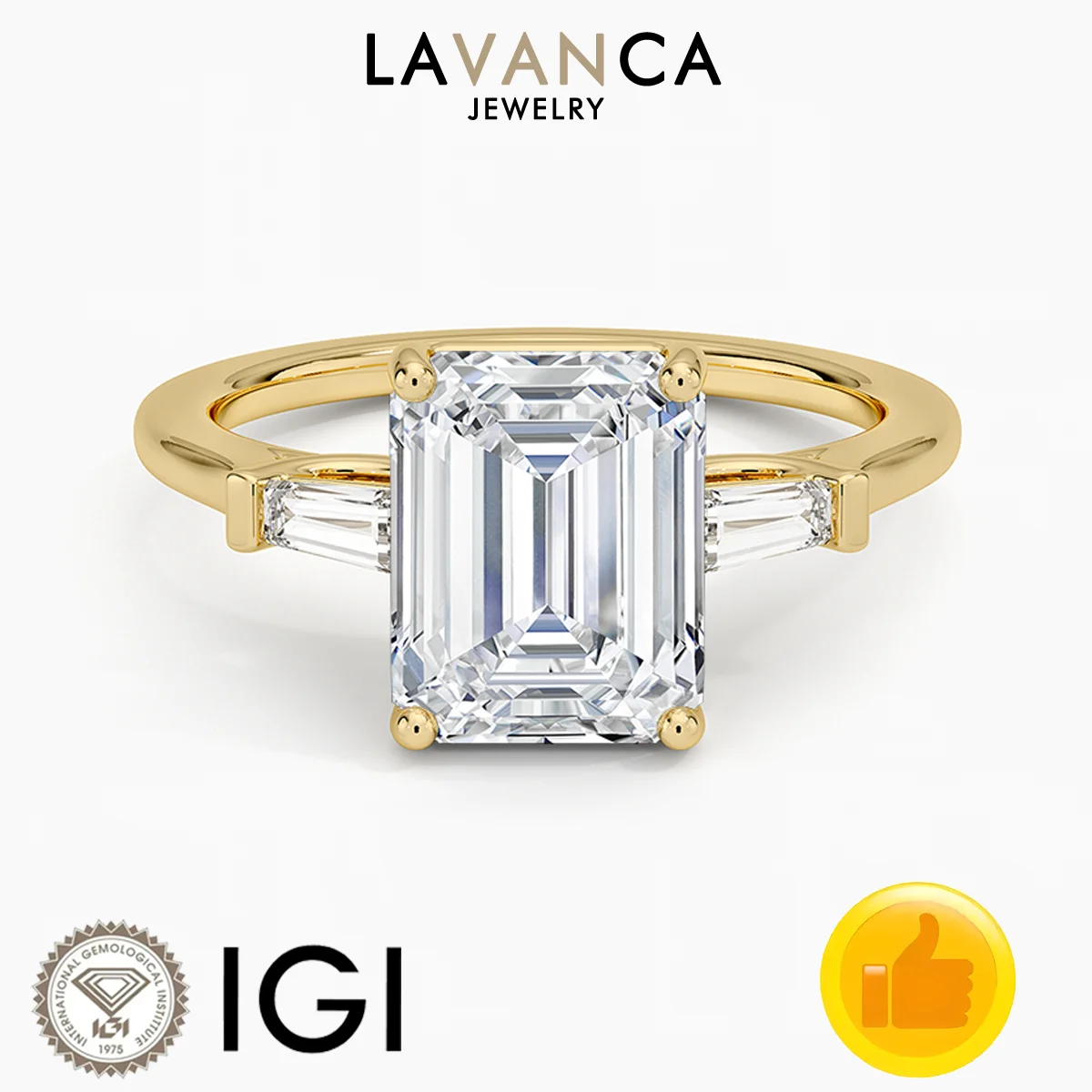 

9K/14K/18K Yellow Gold Lab Diamond Ring IGI Certified Emerald Cut Lab Created Diamond Ring Three Stone Style Engagement Ring