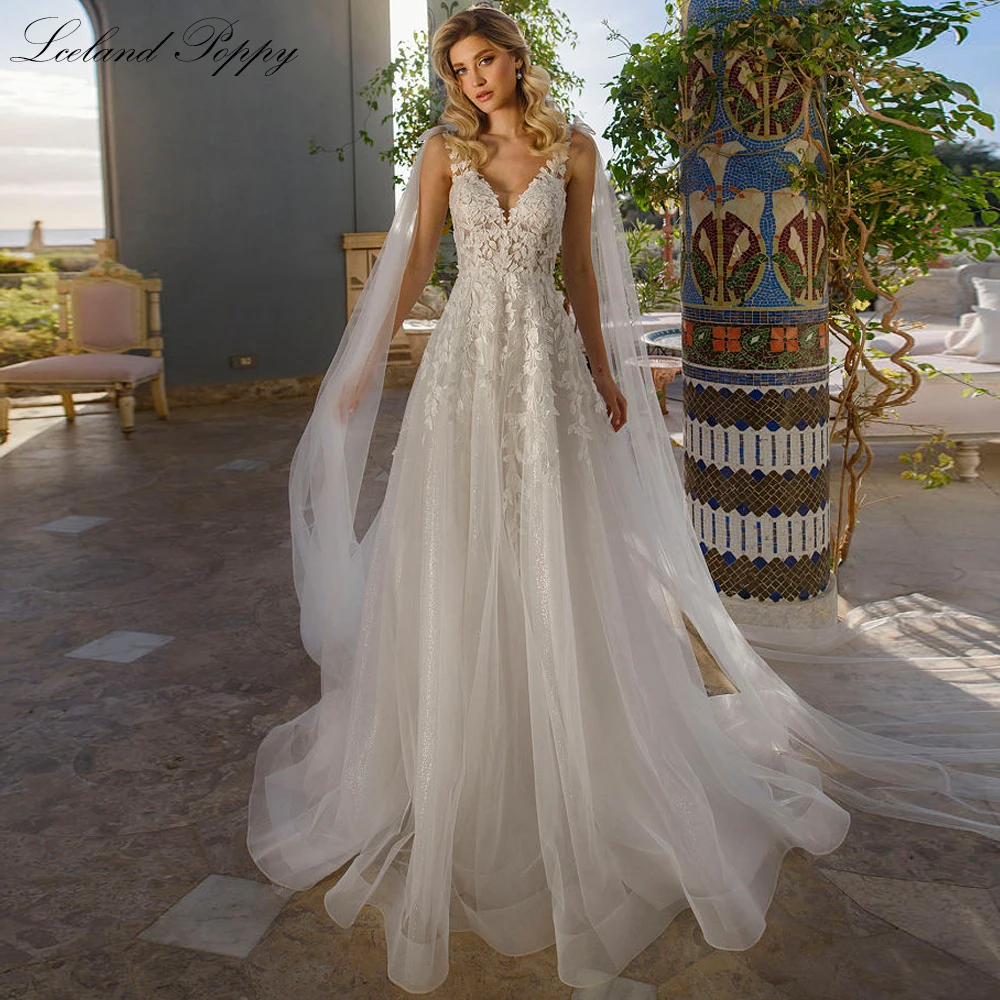 Lceland Poppy Customized A Line V Neck Boho Wedding Dresses V Backless Sleeveless Bridal Gowns with Shoulder Sashes