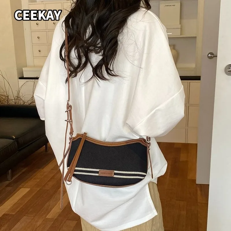 CEEKAY Retro Stripe Canvas Underarm Bag PU Edge Silver Hardware Light Portable Shoulder Purse for Campus Soft Feminine Daily
