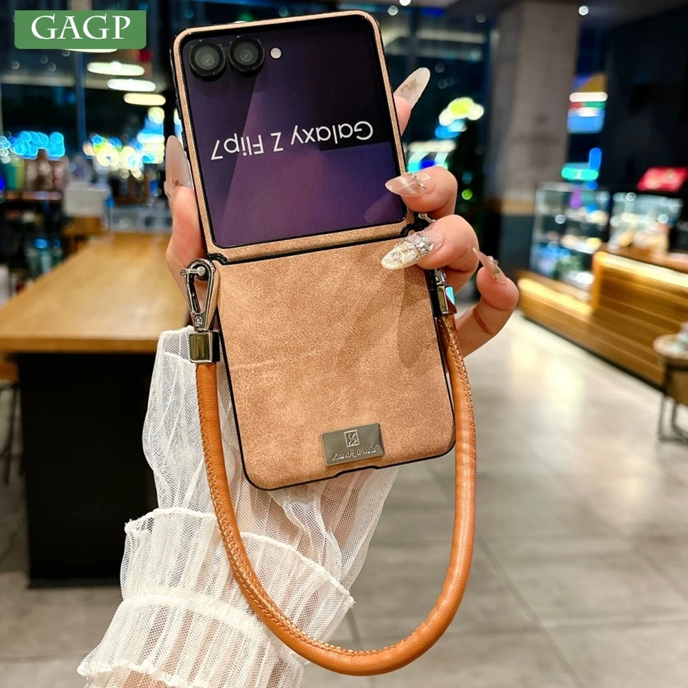 Luxury Sheepskin Leather Wrist Strap Phone Case For Samsung Z Flip 7 FE 6 5 lanyard Shockproof Bumper Business Protective Cover