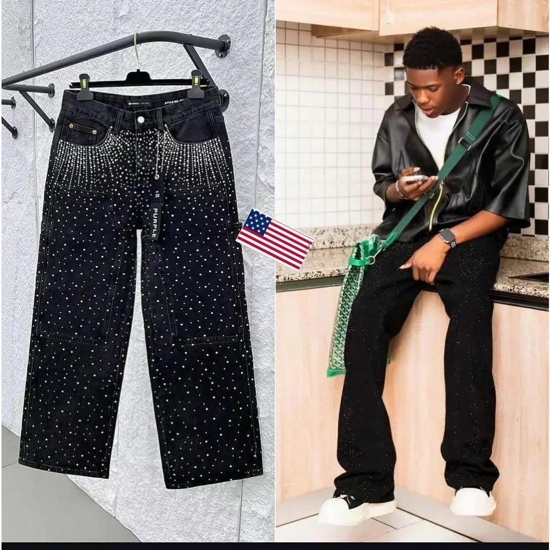Celana Jeans Vintage 2025 Berhias Rhinestone dan Sequin untuk Pria, Streetwear Hip Hop, Kantong, Model Lurus, Vintage, Longgar, Pinggang Rendah, Celana Wanita