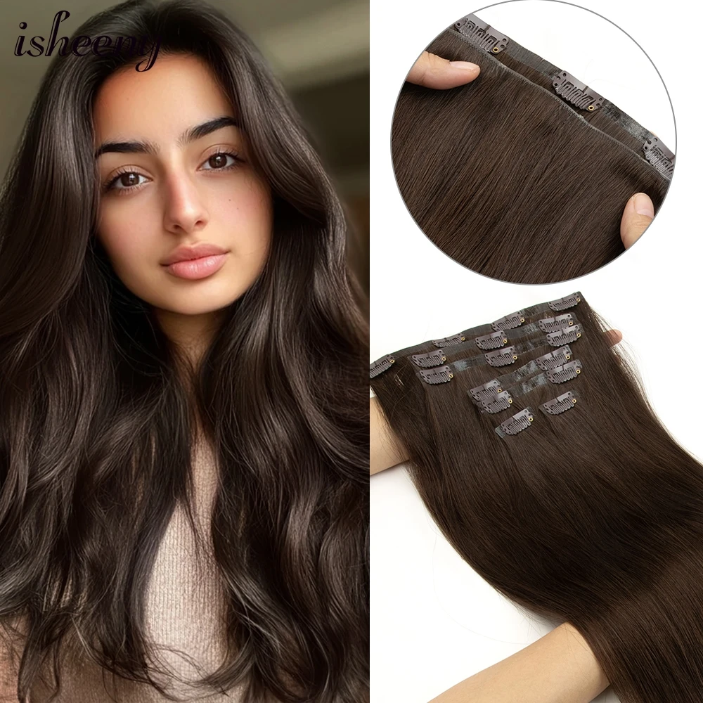 Isheeny clipe invisível em cabelo humano 7 pçs/set 12-24 polegadas natural em linha reta injetado fino pele do plutônio trama de cabelo pacotes clipe em