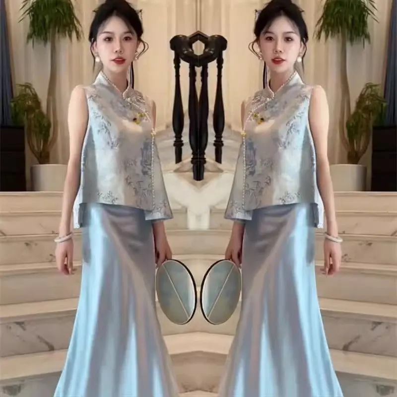 

2026 Summer Internet New Chinese Suit Skirt Women's National Style Heavy Industry Satin Jacquard Slimming Vest Skirt Blue