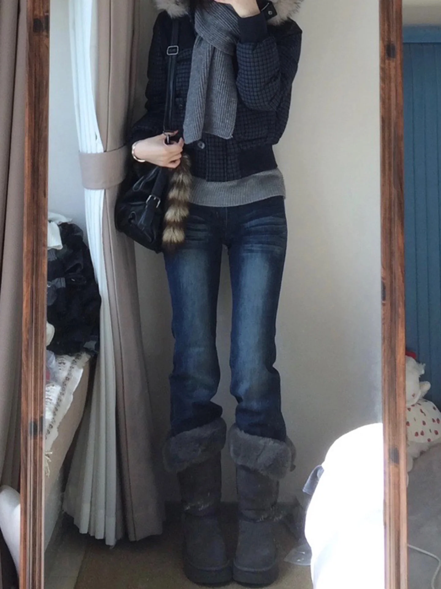 Retro americano waed fce forrado bell bot jeans feminino inverno novo sle pêra ape fino ajuste vintage azul jeans