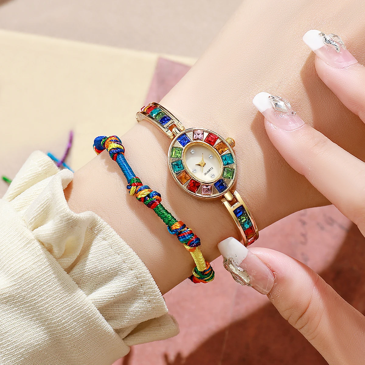 2PC Women's Retro Style Quartz Watch Elegant Ladies' Style Colorful Diamond Set Dial Compact Watch With Bracelet Holiday Gift