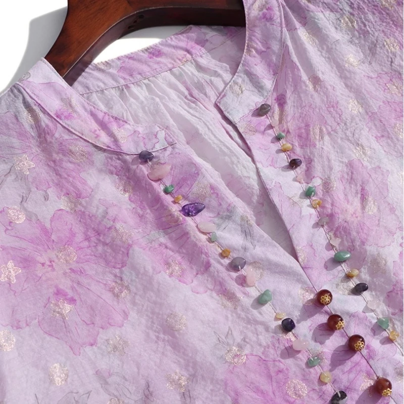 YOLANFAIRYSilk and linen top womem summer elegance soft Beaded French floral print commute v-neck pink loose female T-shirt 2025