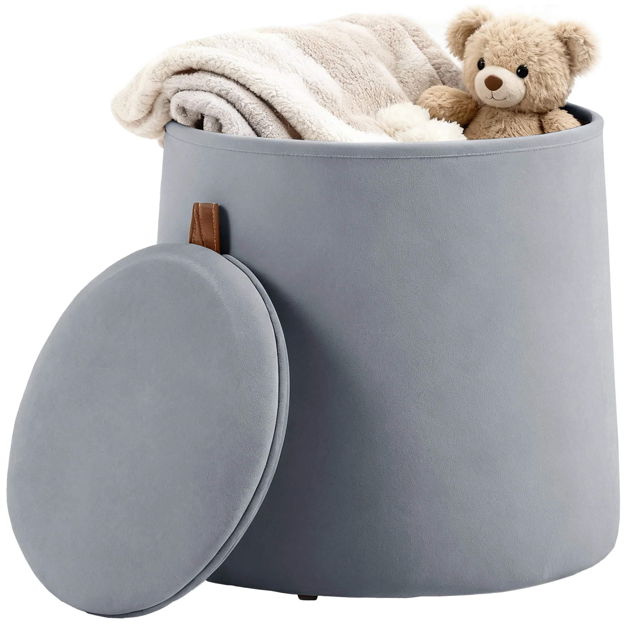 HOMCOM Pouf coffre rangement, tabouret rond avec couvercle réversible, pouf repose-pieds en tissu velours givré, pour la chambre