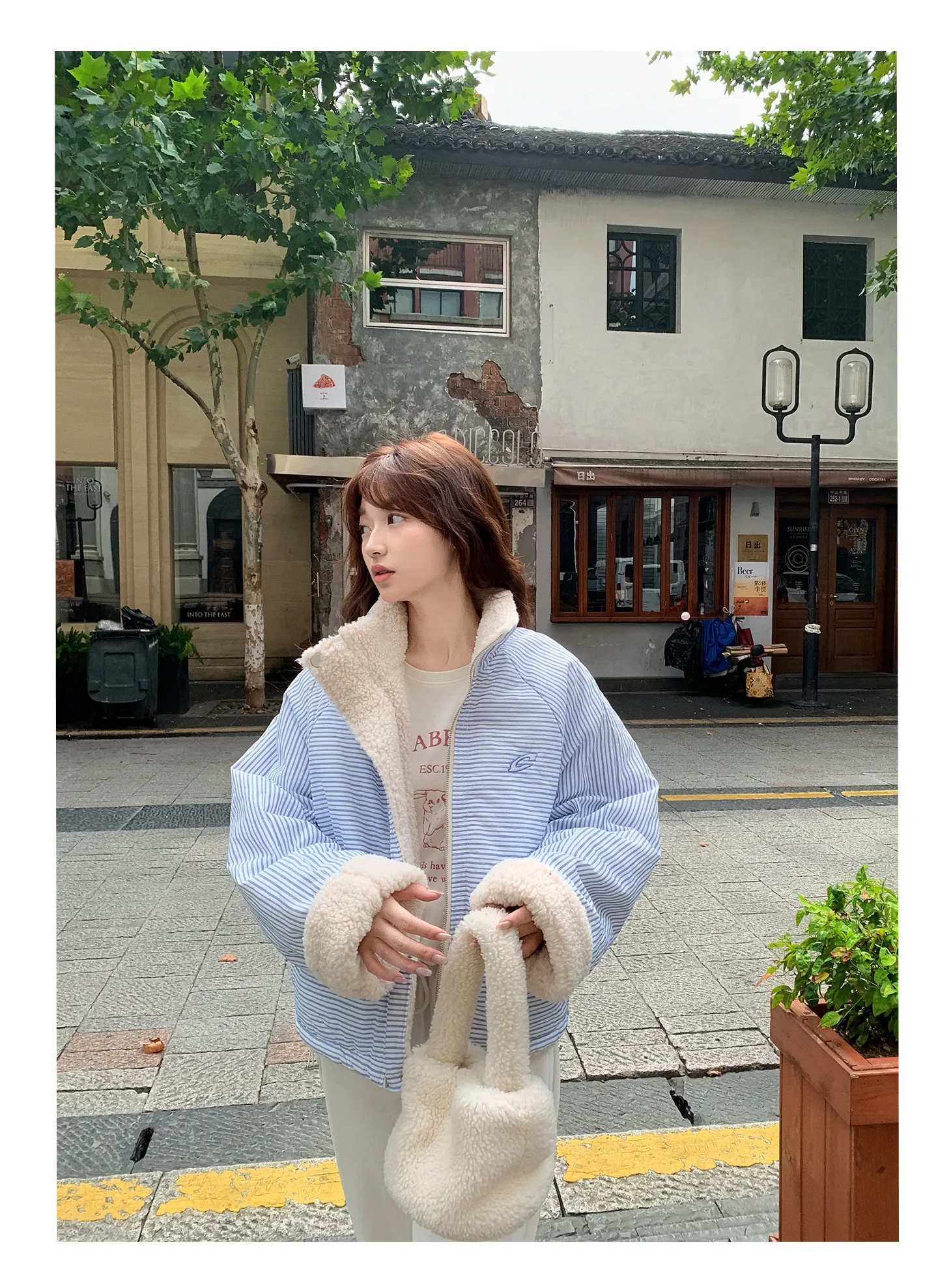 Korean Women's Reversible Striped Jacket Autumn Winter Stand Collar Fleece Lined Padded Coats Woman Loose Casual Plush Jackets