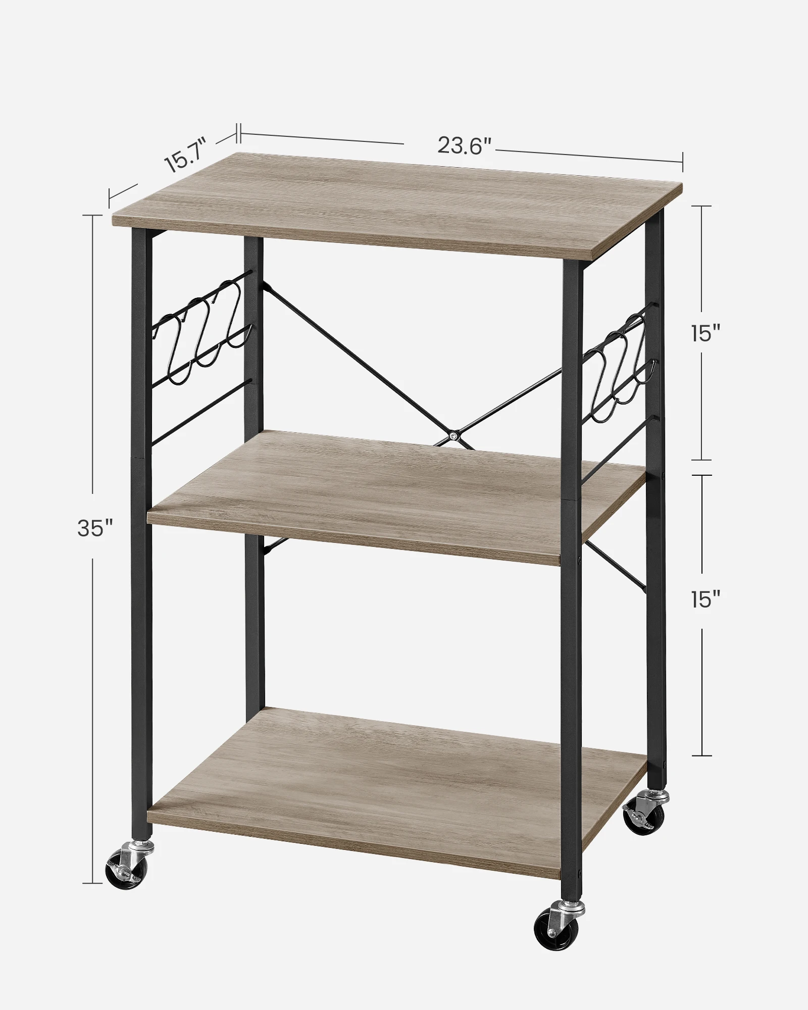 VASAGLE Kitchen Shelf on Wheels, Serving Cart with 3 Shelves, Kitchen Cart, Microwave Shelf, for Mini Oven, Toaster