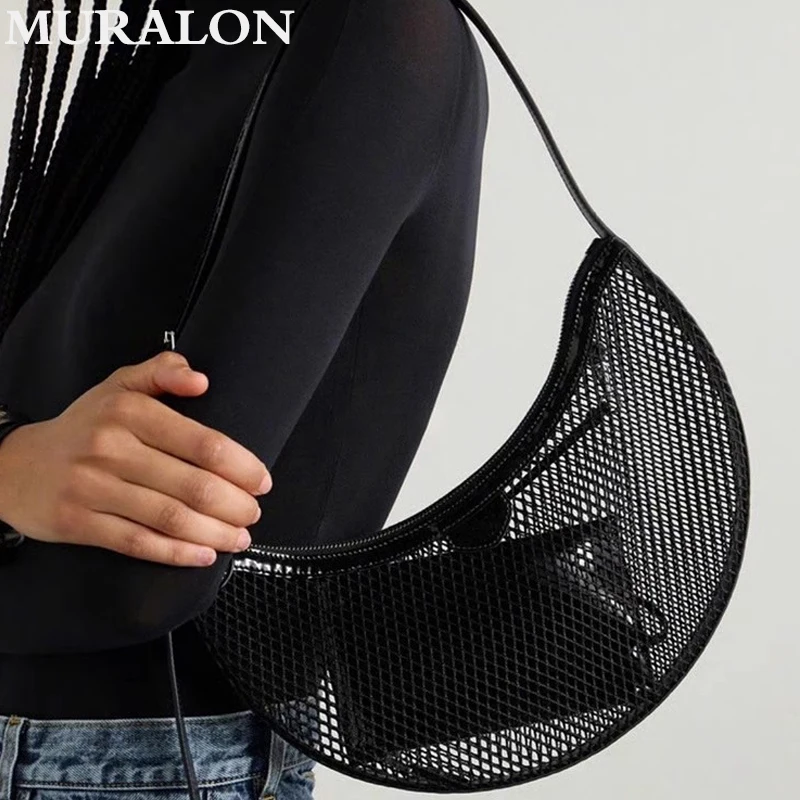 

Casual Dark Mesh Hollow Underarm Bag New Tide Half Round Women Bag 2024 Summer Korean Style Runway Catwalk Fashion Shoulder Bag