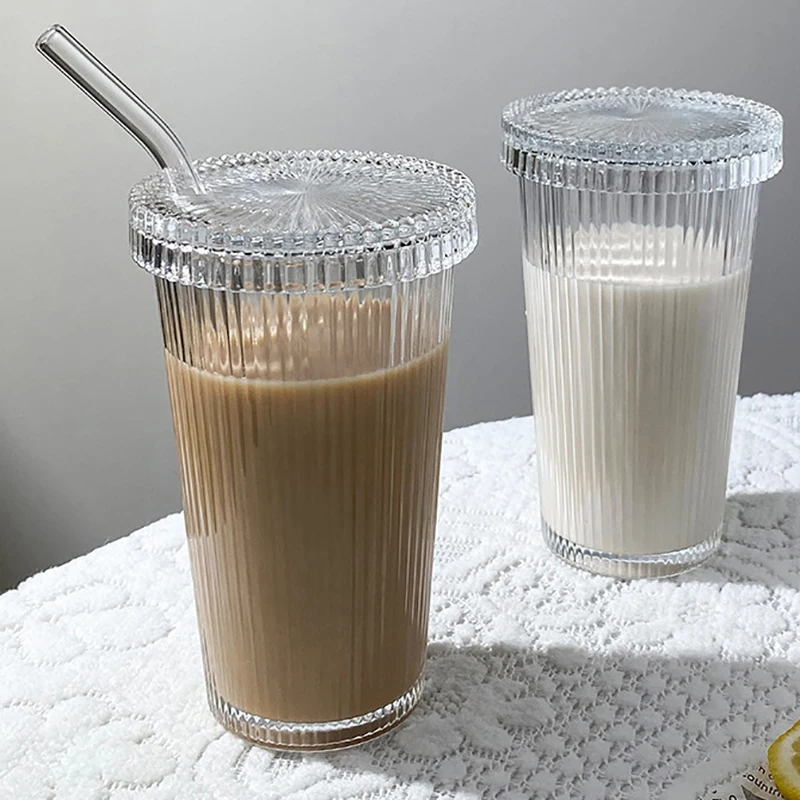 380ml Simple Stripe Glass Cup With Lid And Straw Transparent Tea Cup Juice Glass Beer Can Milk Mocha Cups Breakfast Coffee Mug