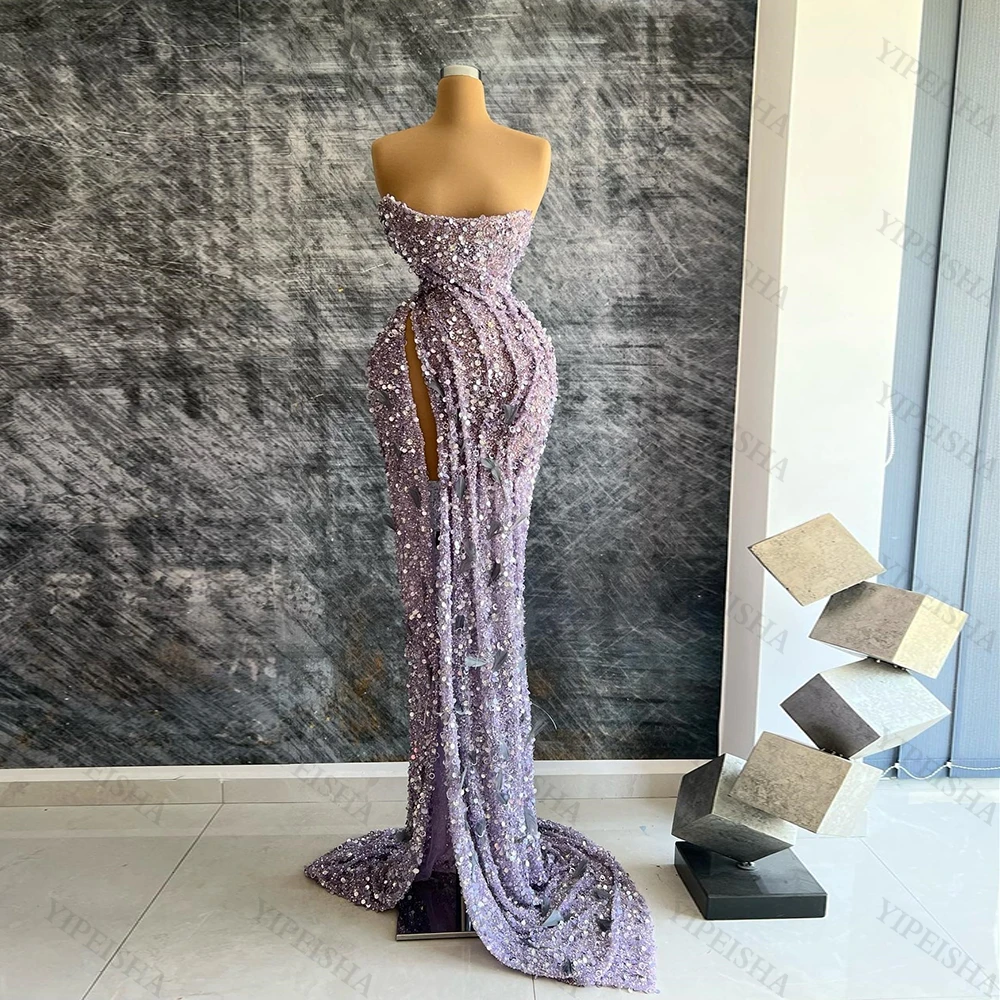 Abiti da sera formali senza spalline squisiti personalizzati Abito da ballo sexy con paillettes con spacco alto lato lavanda