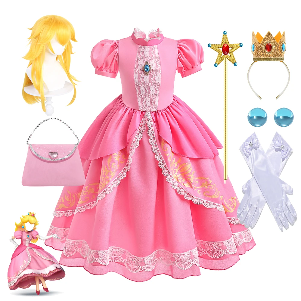 Peach Rosalina Dress Girls Daisy Cosplay Clothes Children Halloween Dress Up Outfits Summer Lace Applique Princess Costume