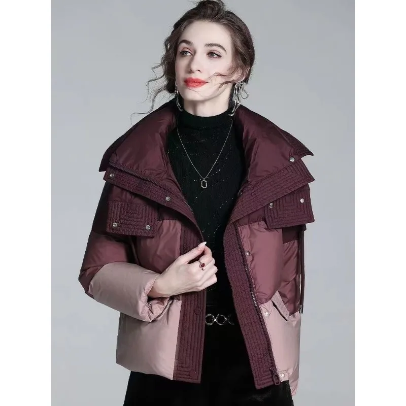 Trendy Women's Cotton Coat New High-end Color Block Fashion Ancora Red Commuter Cotton Jacket Hooded Bread Coat Outerwear