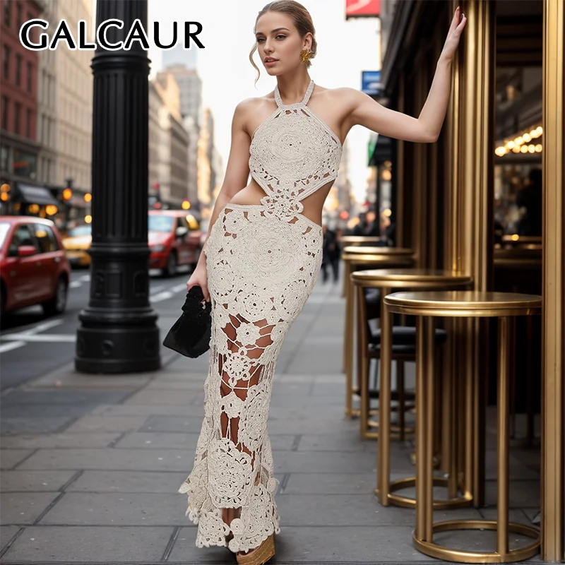 

GALCAUR Hollow Out Sexy Dresses For Women Halter Sleeveless Backless Slim Solid Folds Patchwork Knitted Beach Style Dress Female