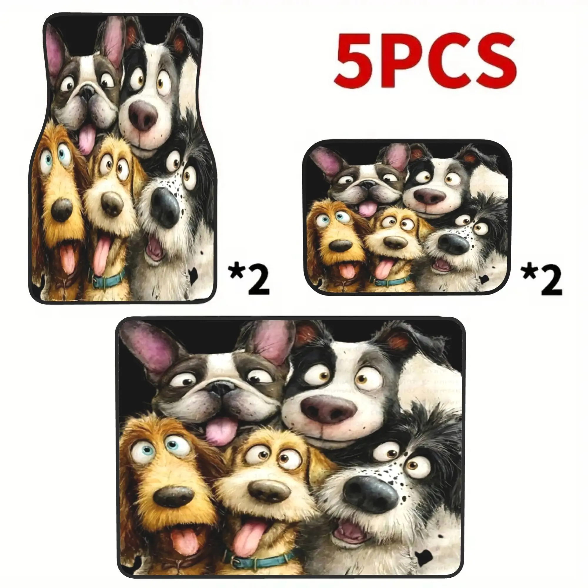 5pcs 2D Printed Funny Dog Group Photo Print Car Floor Mats & Trunk Mat Set, 4 Floor Mats + 1 Trunk Liner, Enhance Vehicle Comfor