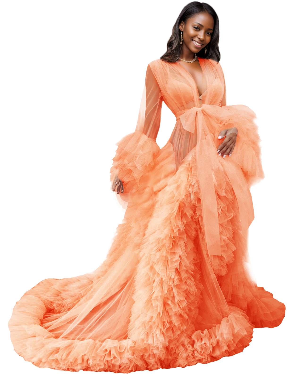 

Women Dressing Gown Perspective Sheer Long Tulle Robe Puffy Pregnancy Maternity Dress for Baby Shower Nightgown Sleepwear Custom