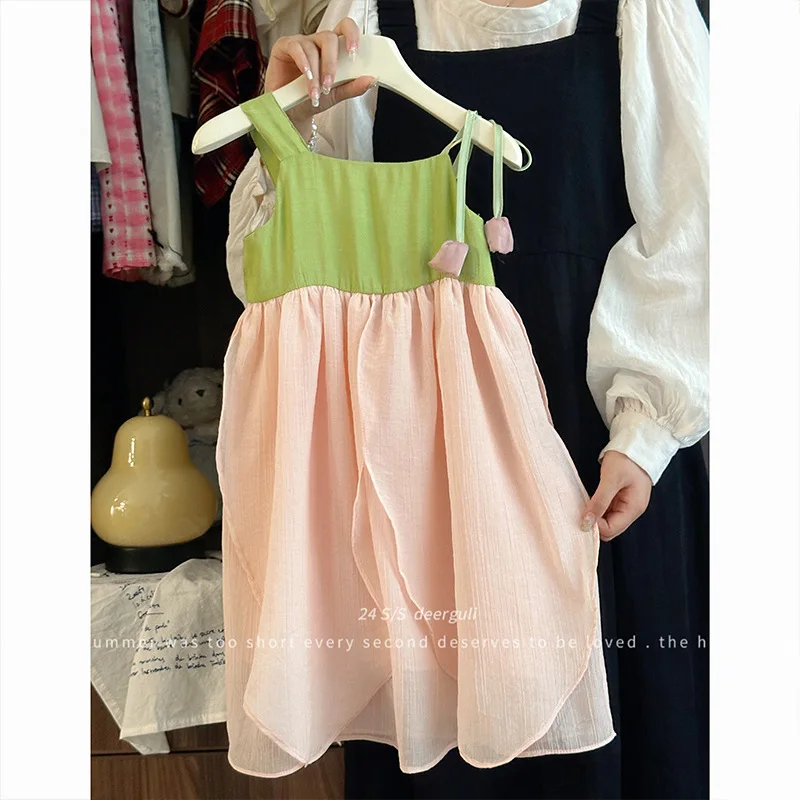 Girls Dress Long Shirt 2024 Summer New Children Baby Girl Korean Style Solid Color Tulip Slip Dress Girls Casual Long Skirt