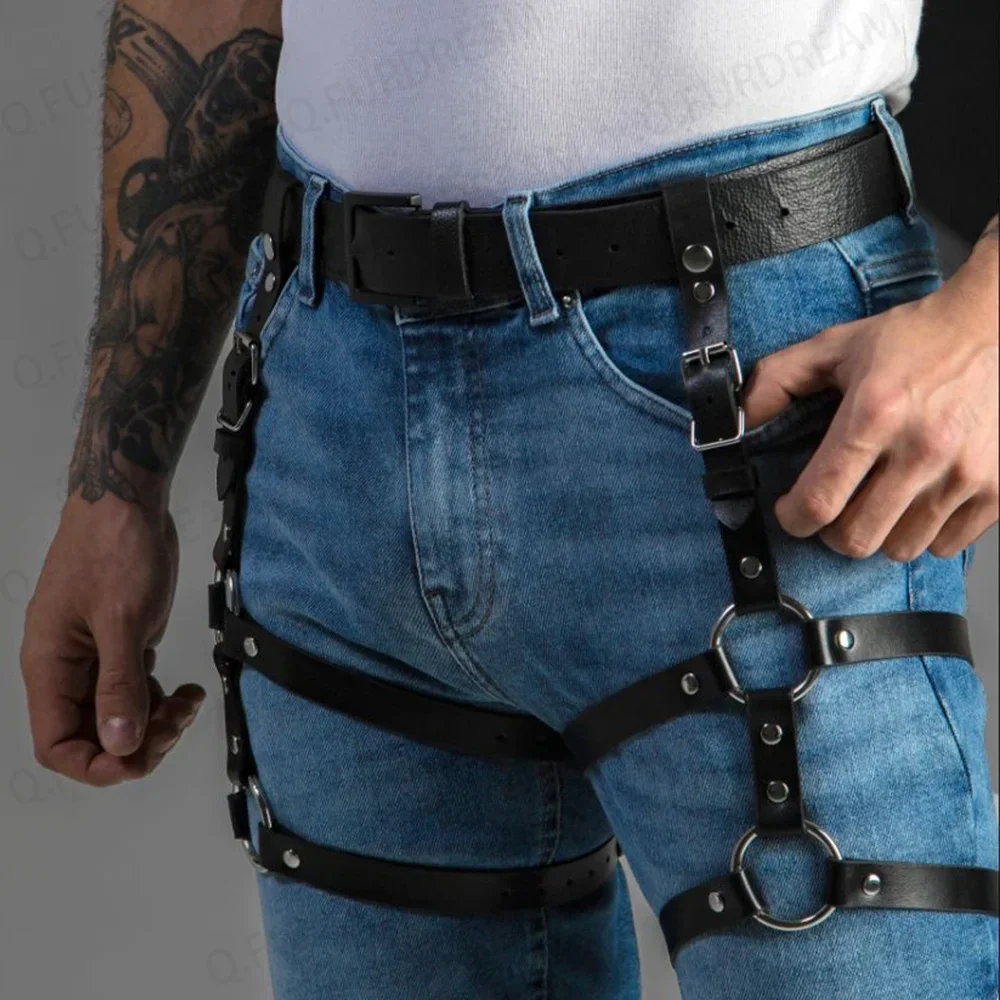 Sexy Leder Bein Harness Mann Punk Stil Oberschenkel Harness Fetisch Bondage Dessous Taille bis Bein Rave Festival Kleidung Zubehör
