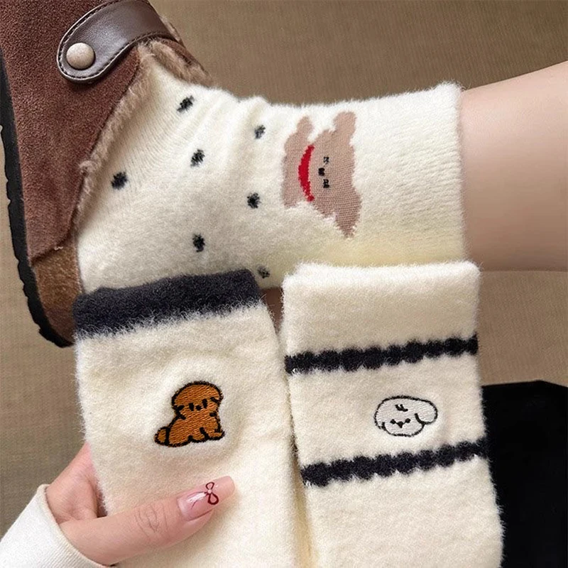 1Pair Winter Casual Dog Socks Thermal Mid Socks Warm Thick Floor Sleep Sock For Women Girls Autumn Winter Cold Proof Socks