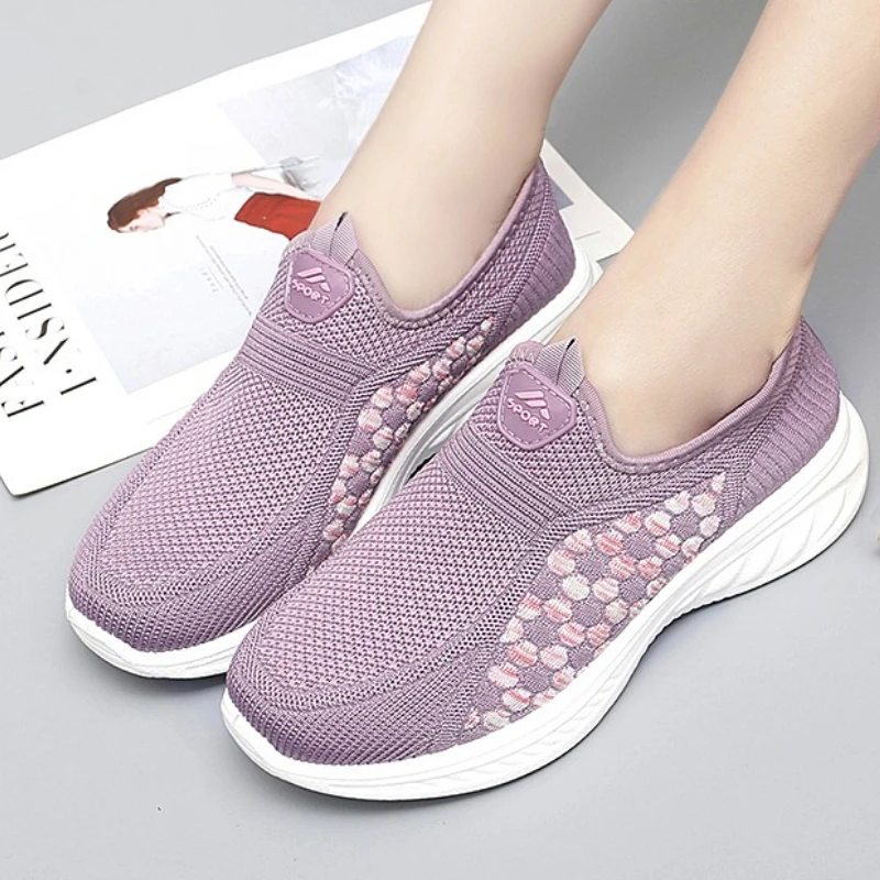 

Flat Shoes Women's Breathable Mesh Cover Soft Sole Casual Walking Sports Shoes Summer Round Toe Slip in One Foot Lazy Shoes