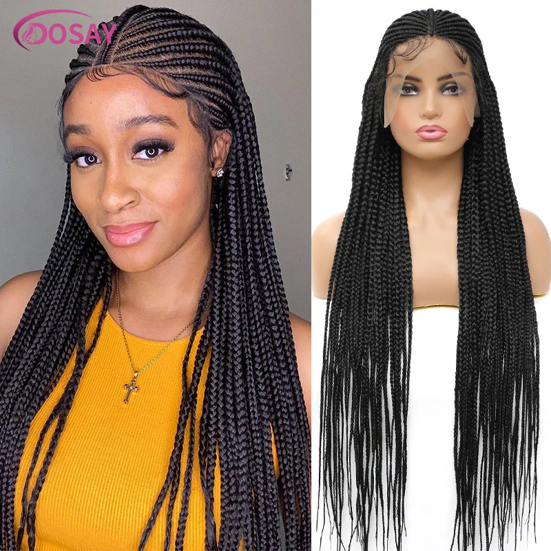 Synthetic Lace Braided Lace Front Wigs For Black Women 36'' 13X8 Hd Lace Knotless Box Cornrows Braids Fulani Micro Braided Wigs